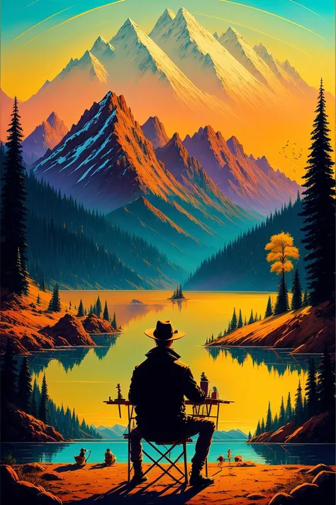 A man is painting a landscape on a canvas. He is wearing a brown jacket and a hat,and he has a beard and glasses. He is calm and creative as he paints a scene of mountains,trees,and a lake. The light is coming from behind him,creating a silhouette of him and his easel. The scene is peaceful and artistic.