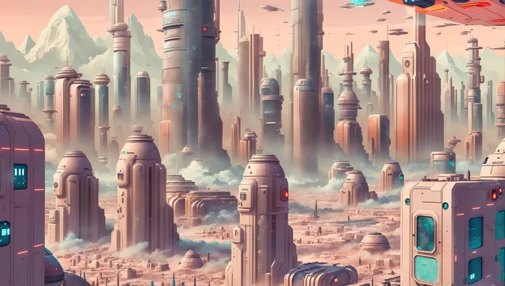 (street-level view mixed sci-fi illustration:1.2) and vector art inside a (morganite) city