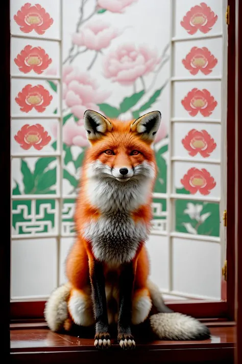 a fox wearing a white cheongsam with peony pattern, sitting by a red Chinese window