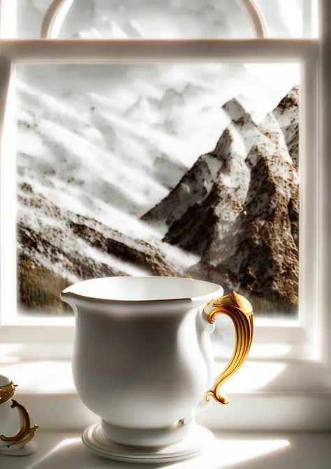 (ceramic white and (gold)--- cup)1.6,(steam)-, (window of mountains (blurry)-- background)1.5, beautiful lighting, extremely detailed