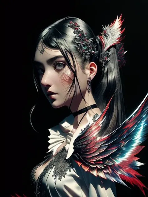 (masterpiece), (best quality), (detailed), light layer, lustrous skin, (intricate detailed , taut clothes, , demon wings,hair ornament :1.2), from above, black hair, black choker, long hair, hime cut, woman, blunt bangs, sidelocks, red eyes, holding quarterstaff,holding scythe,holding sword, (mature female:1.1), [uncensored, NSFW, nipples], side-ponytails  (simple background:1.1),    <lora:iridescentHairLORA_v1:1>