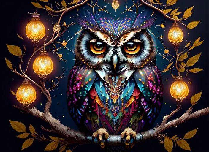 style-paintmagic vector art of an owl perched on a branch, fantastical, highres, sharp focus, absurdres, after hours, dark, darkness, nighttime