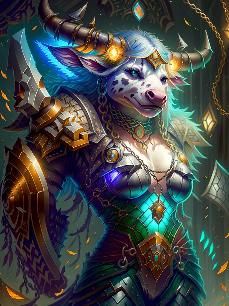 World of Warcraft, Justin Gerard, Studio Quality, Masterpiece, 1girl, Tauren, (cow nose), blonde hair, (chainmail suit:1.2), large defined muscles, (intricate full plate mail), (holding long maul), dark dungeon is background, floor littered with human skulls, (trending on ArtStation, trending on CGSociety, Intricate, High Detail, Sharp focus, dramatic, vivid colors, cinematic lighting, detailed shading, digital texture painting)