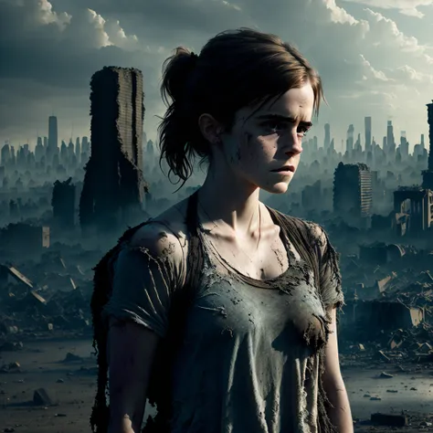 "concerned and tired emma watson in shredded dirty clothes rags, in the ruins of civilization after the apocalypse, looming city ruins backdrop, hd photo, high detail"