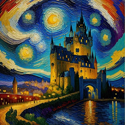 In a Van Gogh-inspired oil painting, the castle's swirling, vivid colors breathed life into its towering walls. Expressionist brushstrokes captured the structure's grandeur, while star-speckled skies echoed the artist's signature style.