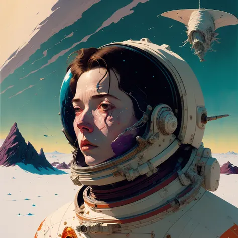 "realistic detailed image of an cosmonaut alone in the tundra next to whale skeleton in the style of Francis Bacon, Surreal, Norman Rockwell and James Jean, Greg Hildebrandt, and Mark Brooks, triadic color scheme, By Greg Rutkowski, in the style of Francis Bacon and Syd Mead and Edward Hopper and Norman Rockwell and Beksinski, open ceiling, highly detailed, painted by Francis Bacon, painted by James Gilleard, surrealism, airbrush, Ilya Kuvshinov, WLOP, Stanley Artgerm, very coherent, art by Takato Yamamoto and James Jean"