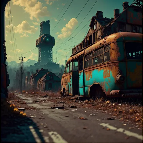 "low wide angle shot of dilapidated fallout 5 europa, temperate european hamlet, desolate, dilapidated neon signs, few rusted retro futuristic vintage parked vehicles like cars, buses, trucks, trams, volumetric lighting, photorealistic, daytime, autumn, sunny weather, sharp focus, ultra detailed, 4 0 0 0 k"