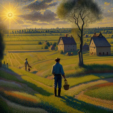 In a Neo-Impressionist scene by Camille Pissarro, a sun-soaked farmer toils tirelessly in a vibrant field. The rustic landscape is rendered through the meticulous application of pointillism, tiny individual dots of color converging to form a harmonious tableau. The painting explores the enduring spirit of human labor, juxtaposed with nature's ephemeral beauty.