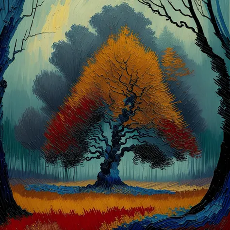 A solitary tree stands amidst a misty forest, its branches reaching out like bony fingers. In the style of Vincent van Gogh, the scene is painted with bold, swirling brushstrokes, the colors rich and moody. The tree seems to exude a sense of sadness and longing, a symbol of resilience in the face of loneliness.