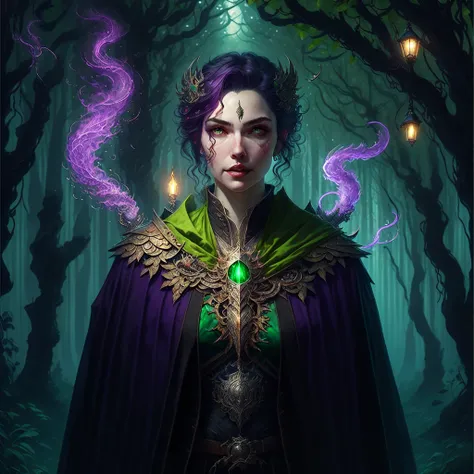 dark witch, adventurer costume, big cloak, fantasy forest landscape, dragon scales, fantasy magic, trimmed hairstyle, short purple-black faded hair!!!!!!, dark light night, intricate, elegant, clear focus, illustration, very detailed!!!!!!!, digital painting, concept art, green neon smoke, matte painting, works by VLOP and Artgerm, Greg Rutkovsky and Alphonse Mucha, masterpiece