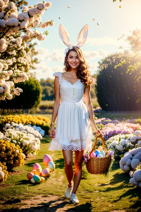 Masterpiece,
Beautiful woman wearing a white sundress and bunny ears, (Easter eggs in a basket), Outdoor floral nature scene, (Soft Natural Sun Light:0.8), Cinematic scene,
UHD, HDR, 16K