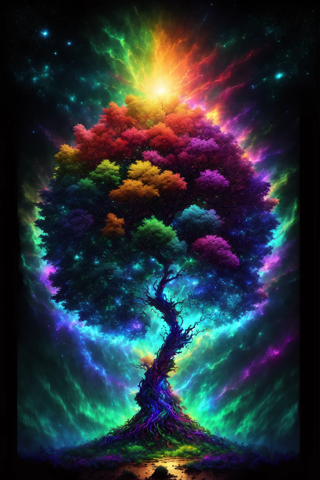 Masterpiece,
The birth of Creation, a leafy Tree with energetic and colorful streams of light in an epic galactic sky, with professional color grading, soft shadows, no contrast, clean sharp focus, cinema film photography, hyper realistic :: nebula::1 wide angle lens::1 defocus::
UHD, HDR, 16K