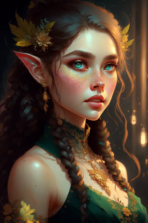 Masterpiece, 
portrait of female elf, intricate, elegant, highly detailed, digital painting, artstation, concept art, smooth, sharp focus, illustration, art by artgerm and greg rutkowski and alphonse mucha, 8k
UHD, HDR, 16K