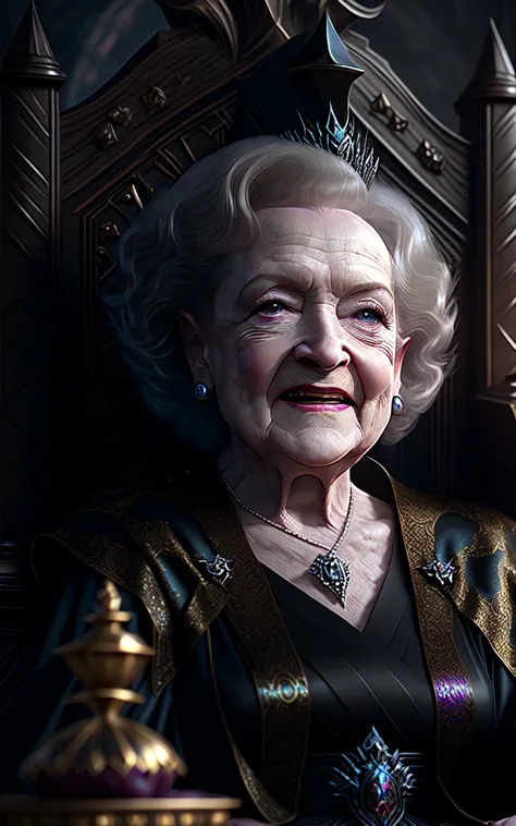 portrait of Betty White as an evil queen, dark fantasy, throne, cinematic lighting