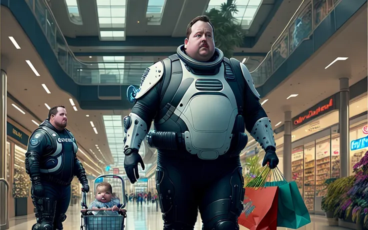 sloppy cyborg paul blart patrolling an orca futurism shopping sloppy mall