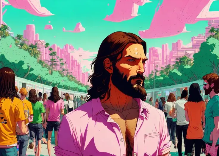 modern jesus looking at a bunch of people in the distance slathering themselves in gogurt and saying "hell yeah now these are the kinds of sins I died for"