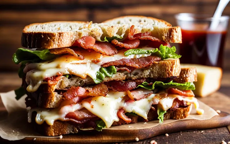 photo of a scrumptious BLT sandwich with extra bacon, (rustic diner background)+, seed bread, pepper jack cheese