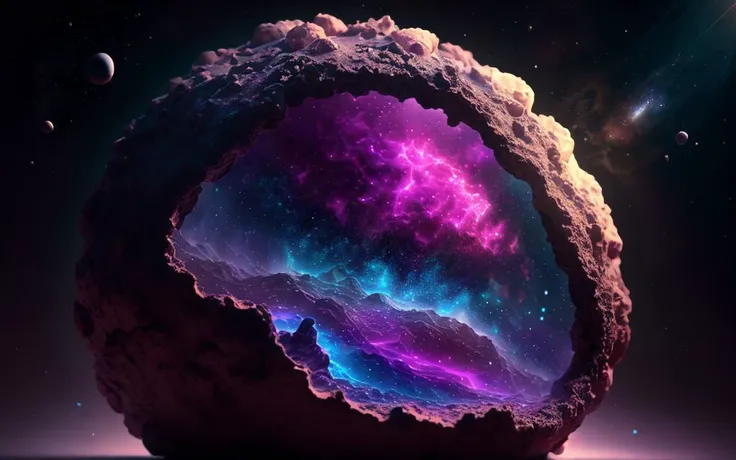 ("a planet","a geode cake","deep space stardust nebula supermassive black hole swirling embers caustics ray tracing").blend(1,1,1)