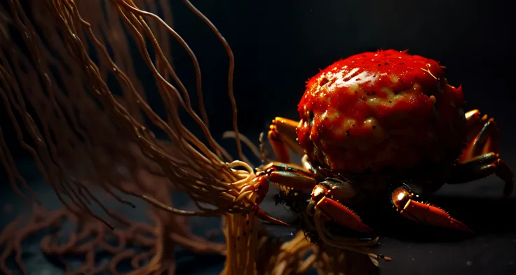 "cinematic+, cgi+, skulking meatball|crab+ sneaking up on an unsuspecting pile of spaghetti, (highly detailed )+, (realistic skin texture)+, (intricate background, 8k+ quality, dark, moody, masterpiece+, complex+, crisp sharp