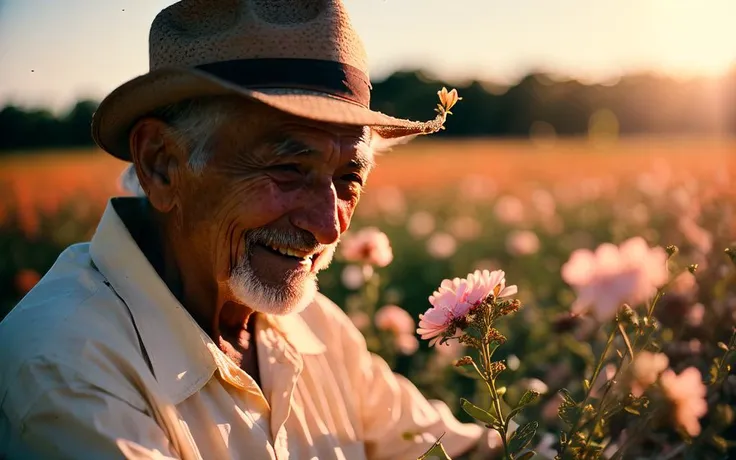 (photo)++ of a happy old man picking flowers for his wife, minimalist clothes, warm sunlight, film grain, Carl Zeiss Jena Biotar 58mm f/2 on fujichrome sensia 100