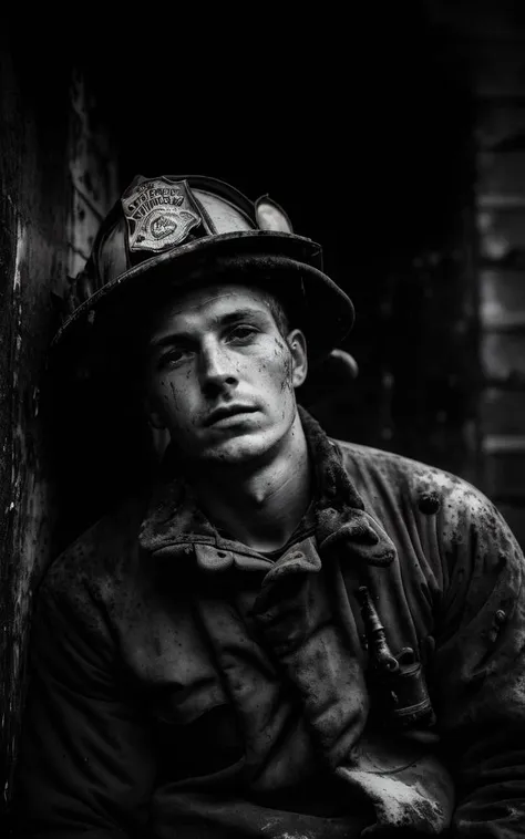 closeup b&w (photo)++ of a (tired)+ (firefighter)+ (filthy and covered in soot)+, sitting and leaning forward, upper body, skin pores, Kodak Tri-X 400tx, exhausted