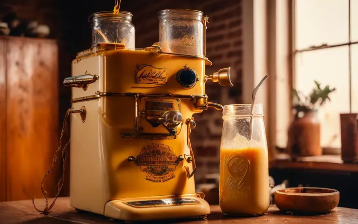 (photo)+ of a vintage antique spaghetti milker for making raw spaghetti milk, featuring a builtin pasteurizer and fluid collection jar, kodak vision 3