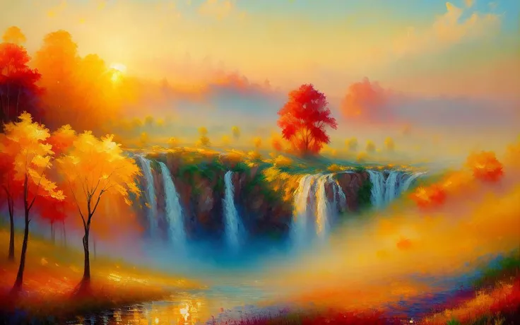 (impressionist oil drybrush painting)+, the way the sun hits the glistening dew in a warm fresh morning, in the fields by the grand misty waterfall, vivid colors, paint (strokes)+