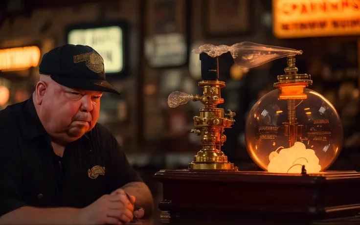 (still frame from an episode of Pawn Stars on the History Channel)++ where they're really lowballing a dude selling a vintage antique countertop static warp bubble generator device at their pawn shop, spacetime distortion waves
