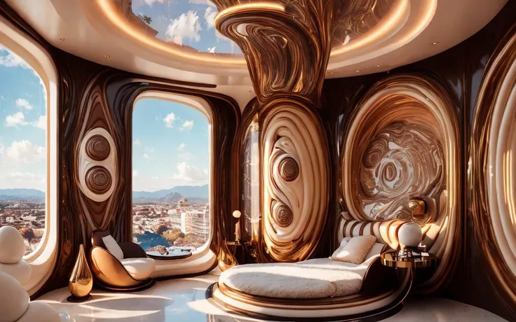futuristic architectural digest photo of a (cozy upscale)++ (nutella chocolate chip milkshake deco oreo creme futurism)+ bedroom