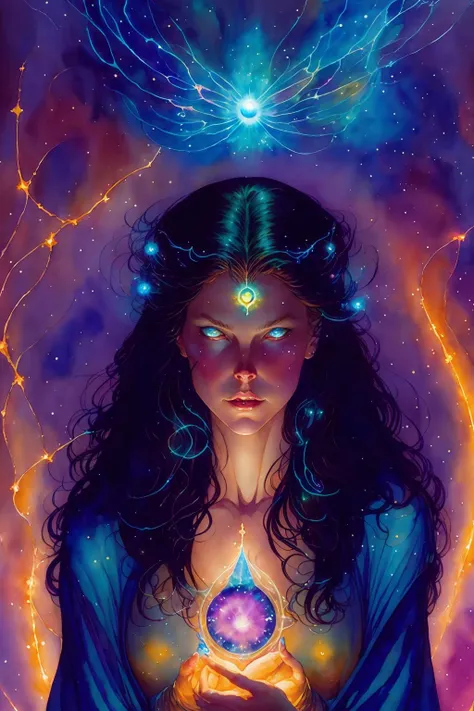 concept art of 1girl casting spells , glowing eyes,sapphire, colorful glowing energy flows
fantasy,
absurdres, best quality,
(watercolor painting by adam hughes gerald brom )