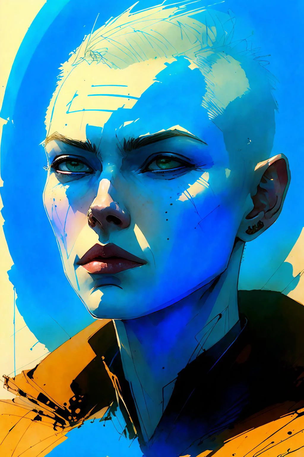 portrait of 1 woman, pale skin, blue short hair, blue lips, perspective, long hair,
(ink sketch by Enki Bilal)
high contrast, best shadow, cinematic lighting
(masterpiece, best quality:1.3),
<lora:epiNoiseoffset_v2:1>