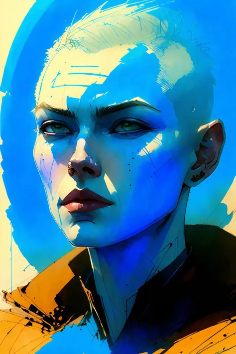 portrait of 1 woman, pale skin, blue short hair, blue lips,   perspective,  long hair,
(ink sketch  by Enki Bilal)
high contrast, best shadow, cinematic lighting
(masterpiece, best quality:1.3),
<lora:epiNoiseoffset_v2:1>