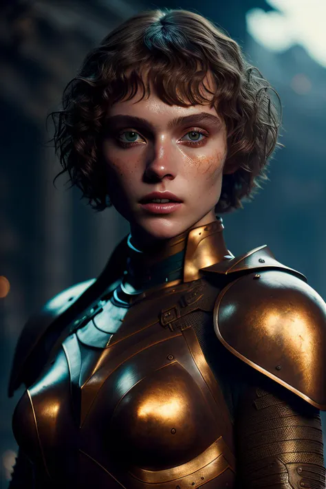 1 beautiful Caucasian  woman ,  bobcut
closeup shot 
leaning forward
bronze armor,
rusty
fog
Jean-Baptiste Monge
dramatic lighting (masterpiece, best quality),