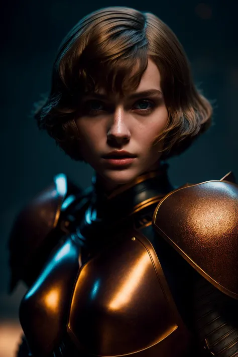 1 beautiful Caucasian  woman ,  bobcut
closeup shot 
leaning forward
bronze armor,
rusty
fog
dramatic lighting (masterpiece, best quality),