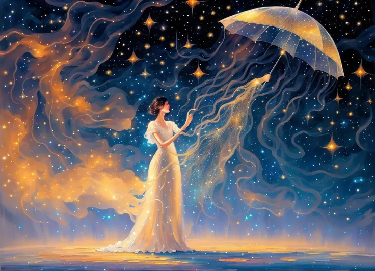 oil painting space art of a closeup woman in the night sky in a white and (golden:0.9) dress and (holding) a large transparent (umbrella) jellyfish that has (long flowing sparkly tentacles:1.15), ethereal, celestial, magical, (transparency:1.2), fantasy, dark space background