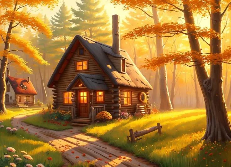 painting of a cute cozy cottagecore wood log cottage on a golden field, soft warm sunlight, tree, soft autumn colors, flowers, epic composition