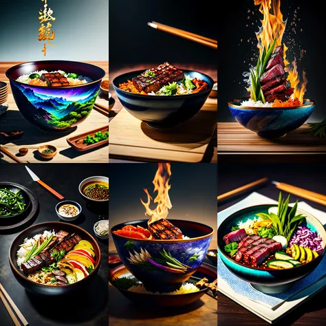 (otherworldly), highly insanely detailed, masterpiece, top quality, best quality, highres, 4k, 8k, RAW photo, grilled meat rice bowl, (fantasy world)