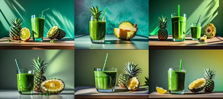 (otherworldly), highly insanely detailed, masterpiece, top quality, best quality, highres, 4k, 8k, RAW photo, yummy a glass of green smoothie with a pineapple on the side, beautiful light, studio light, masterpiece ,<lora:Yummy:0.7>, (fantasy world)