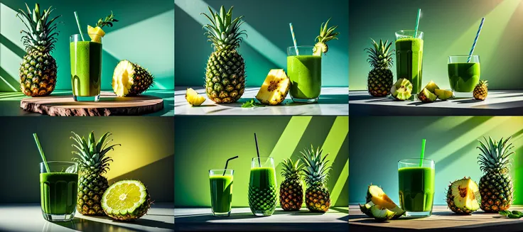 (otherworldly), highly insanely detailed, masterpiece, top quality, best quality, highres, 4k, 8k, RAW photo, yummy a glass of green smoothie with a pineapple on the side, beautiful light, studio light, masterpiece ,, (fantasy world)
