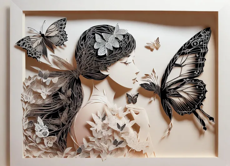 (elegant layered papercut art) of a girl with a special connection to butterflies