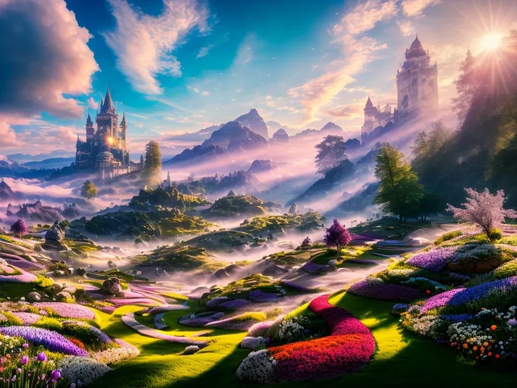 Fantasy, (palace)+, light palace in green meadow among the hills, flowers, (lush vegetable)+++, white openwork patterns, white tracery, sparks, light particles, RAW photo, absurdres, looking at viewer, beautiful, vivid colors, unreal engine, octane render, (8k), (4k uhd), best quality, masterpiece, very beautiful, perfectionism, max detail, hard shadows, highest quality, vibrant, insanely detailed, surreal, divine, celestial, crystalline, light, volumetric lighting, backlighting, shimmering light, glowing, caustics, luminescence, light magic effect, light runes, magic
