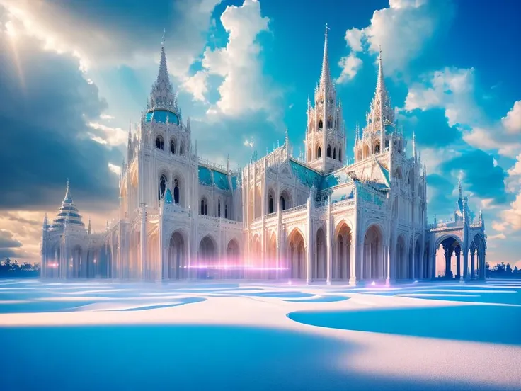Fantasy, (palace)+, celestial palace on heaven, clouds, heaven+++ white openwork patterns, white tracery, silver, light blue, sparks, light particles, RAW photo, absurdres, looking at viewer, beautiful, vivid colors, unreal engine, octane render, (8k), (4k uhd), best quality, masterpiece, very beautiful, perfectionism, max detail, hard shadows, highest quality, vibrant, insanely detailed, surreal, divine, celestial, crystalline, light, volumetric lighting, backlighting, shimmering light, glowing, caustics, luminescence, light magic effect, light runes and lightning, magic