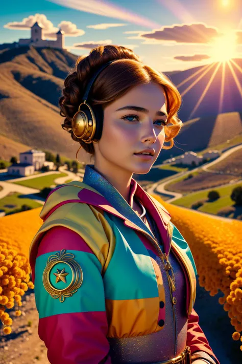 1girl, colorful Spray paint style, intricate details, establishing shot of an elegant Soviet (Wife:1.3) , the Woman is very [Doubtful|Adorable] and Extraordinary, she is in a Viking setting, she is expressing guilt as a Staff Sergeant, in a very Unnatural Casual wear, her hair is [Greek:Roman:13] and styled as Spiky, the Staff Sergeant has a Flowery Bulgarian Mint green Ring, Headphones and Trinkets, from inside of a Disgusting The Alamo, crowded hillside with Orchard, at Golden hour, FOV 90 degrees, [ (art by Robert Silvers:0.9) , (Delphin Enjolras:0.8) , (Carrie Mae Weems:0.7) :14], Dynamic, Tranquil, Primitivism Art, Rembrandt lighting, F/5, Hypersaturated, taiji, fluorescent yellow explosions, freckles, most flawless in the world, Unsplash, award winning
