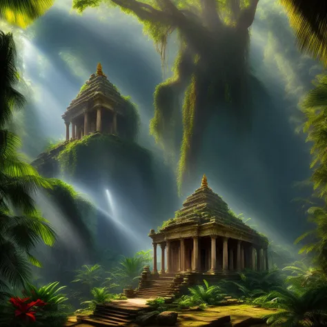 Ancient temple in the jungle, ruins, sun rays, lush tropical vegetation, big flowers, vivid colors, vibrant, aesthetic, beautiful, RAW photo, photorealistic, masterpiece, highest quality, intricate details, 8k, soft lighting, volumetric lighting, sharp focus, ultra detailed, 4k, wide-angle, 3 5 mm film photo still, still, uhd, sharp lens, depth of field
