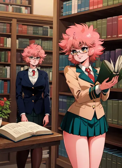 ((best quality)), ((highly detailed)), masterpiece, absurdres, (detailed eyes, deep eyes), (1girl), (glasses), from below, dynamic pose, cowboy shot, (((wide shot))), <lora:MinaAshidoLoRA:.8>, Ashido Mina, yellow eyes, black sclera, short hair, pink hair, smirk, schoolgirl, white shirt, school uniform, green skirt, red necktie, grey vest, black socks, brown loafers, u.a. school uniform, (inside, at a library, librarian, book shelves, open book), <lora:toshihiro_V73:1>, retro artstyle
