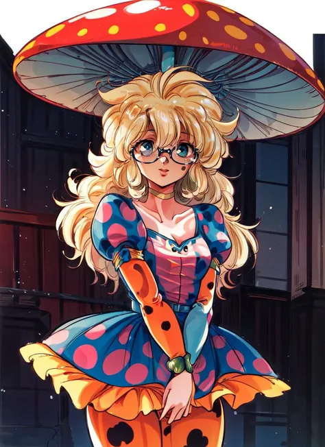 ((best quality)), ((highly detailed)), masterpiece, absurdres, detailed face, beautiful face, (detailed eyes, deep eyes), <lora:more_details:.6>, (1girl), (glasses), dynamic pose, cowboy shot, very wide shot, <lora:Mushroom_Girl:.7>, <lora:Mushroom:.6>, mushroom, mushroom girl, monster girl, long hair, blonde hair, mushroom on head, white mushroom, colored skin, (spots pattern bodypaint:1.33), medium breasts, smiling, polka dot dress, puffy sleeves, collarbone, (outside, in a city, midday), <lora:toshihiro_V73:1>, retro artstyle, 1980s \(style\)