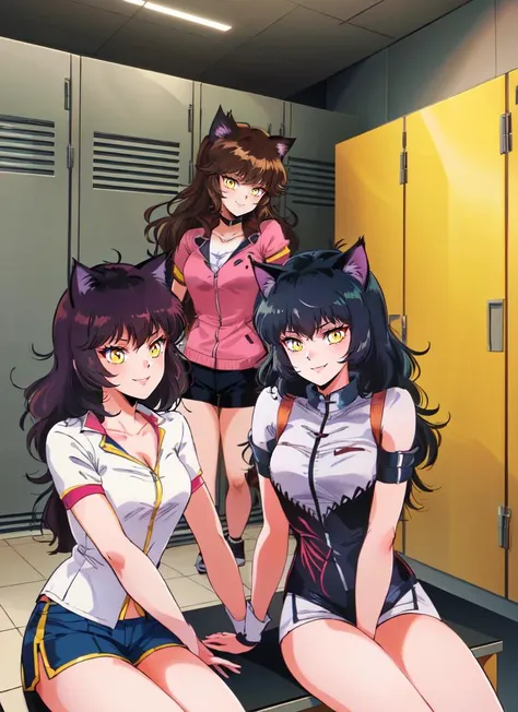 ((best quality)), ((highly detailed)), absurdres, (detailed eyes, deep eyes), (1girl), propped up on one elbow (\resting\), <lora:blake_belladonna:.8>, blake_belladonna, yellow eyes, cat ears, smiling, short shorts, (inside, in a locker room, metal lockers, tile floor, bench, (5girls)), <lora:toshihiro_V73:1>