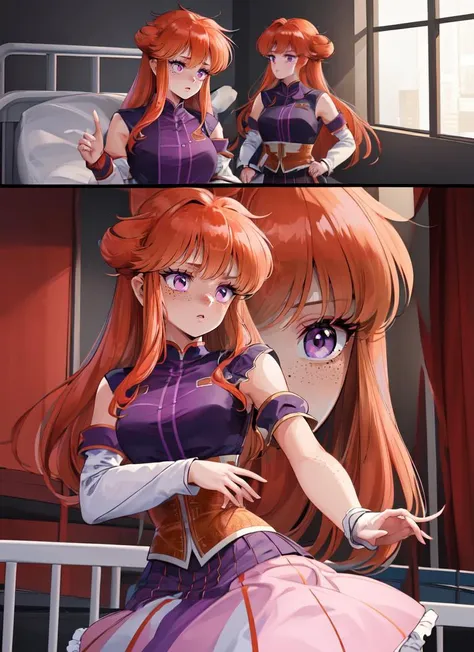 ((best quality)), ((highly detailed)), absurdres, extremely detailed face, beautiful face, (detailed eyes, deep eyes), (1girl), dynamic pose, cowboy shot, very wide shot, ((detached sleeves)), red head, orange hair, vibrant purple eyes, ((freckles)), (body freckles), (inside, at a hospital room), <lora:toshihiro_V73:1>