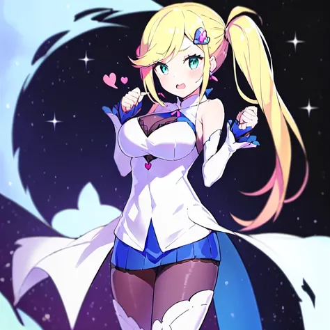 <lora:Minerva:0.6>, Minerva, 1girl, solo, blue eyes, large breasts, long hair, blonde hair, side ponytail. heart hair ornament, two-tone blue and white sleeveless dress, white detached sleeves past wrists, white thigh boots, pantyhose