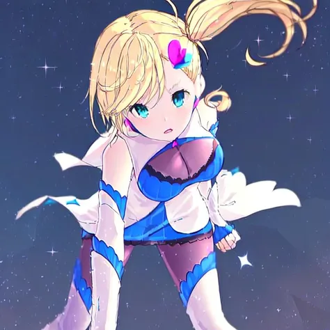 <lora:Minerva:1.0>, Minerva, 1girl, solo, blue eyes, large breasts, long hair, blonde hair, side ponytail. heart hair ornament, two-tone blue and white sleeveless dress, white detached sleeves past wrists, white thigh boots, light purple pantyhose